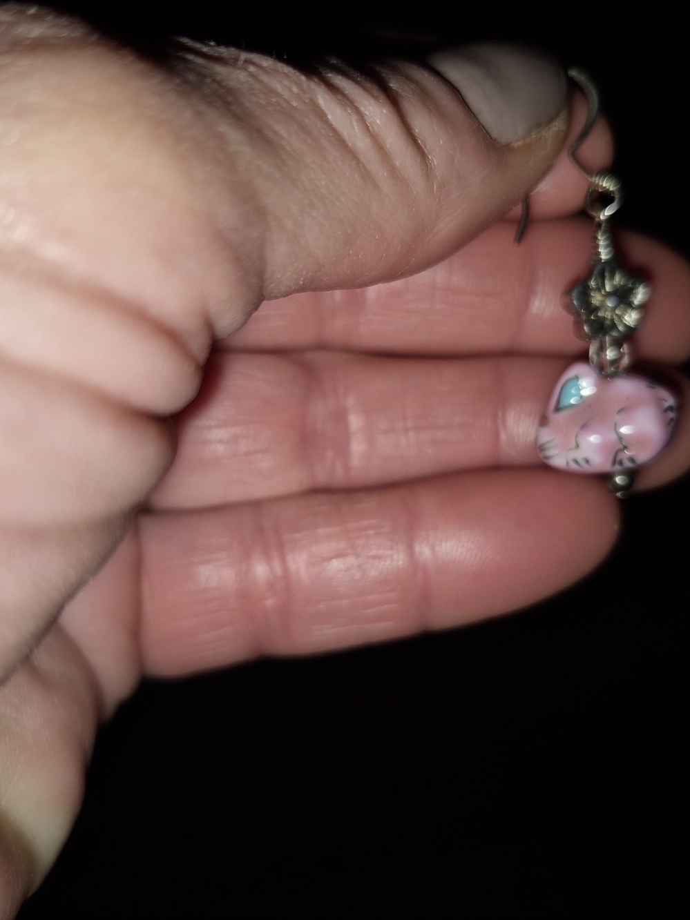 Pink Cat Drop Earrings with Silver Floral Accents - Picture 2 of 5